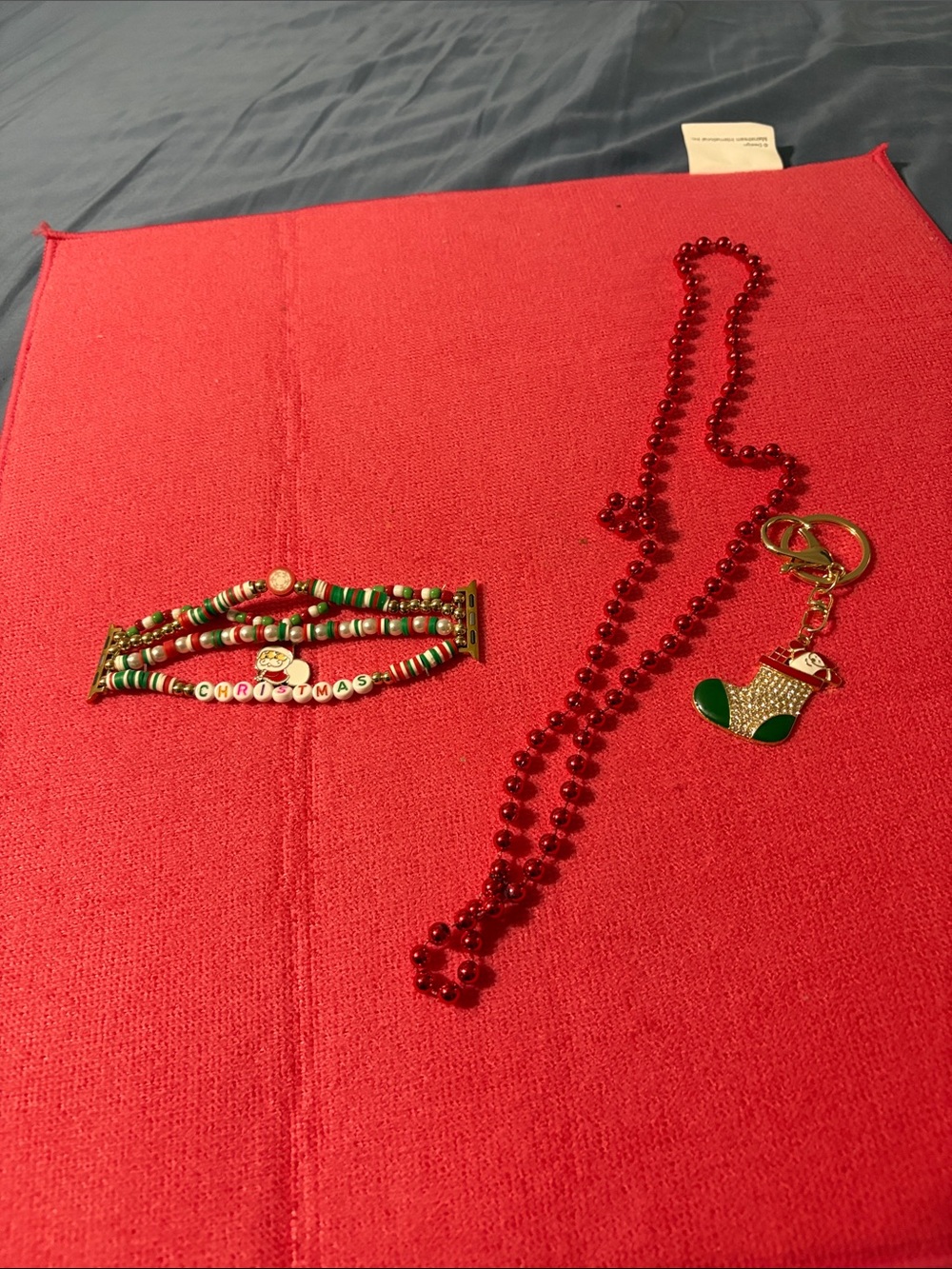 Holiday Red Beaded Necklace, watch band, 38-41  and Green Stocking Keychain Set
